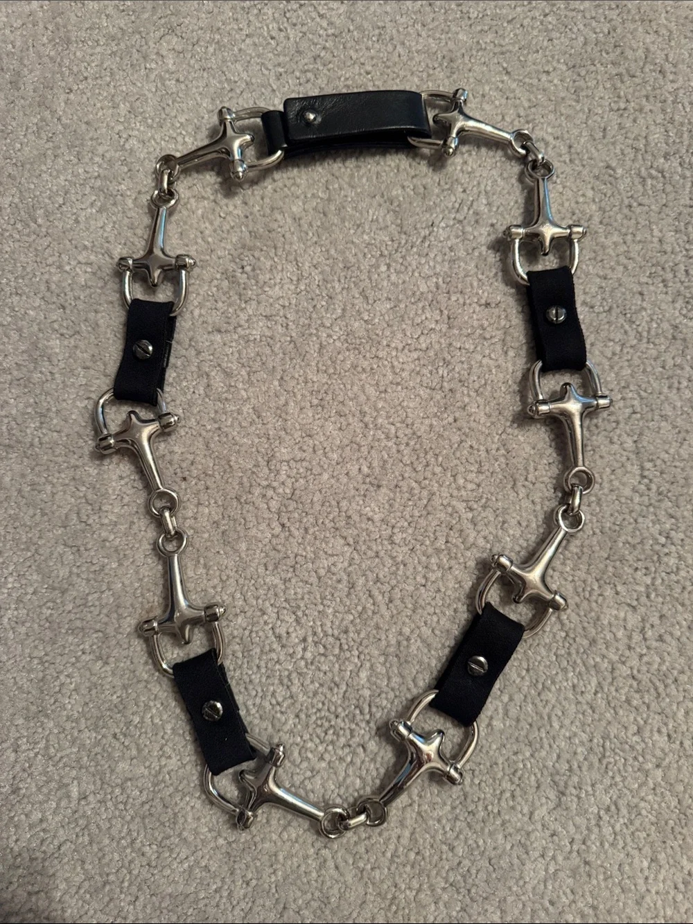 Suzi Roher Black Leather and Silver-Tone Horse bit Snaffle Belt Large